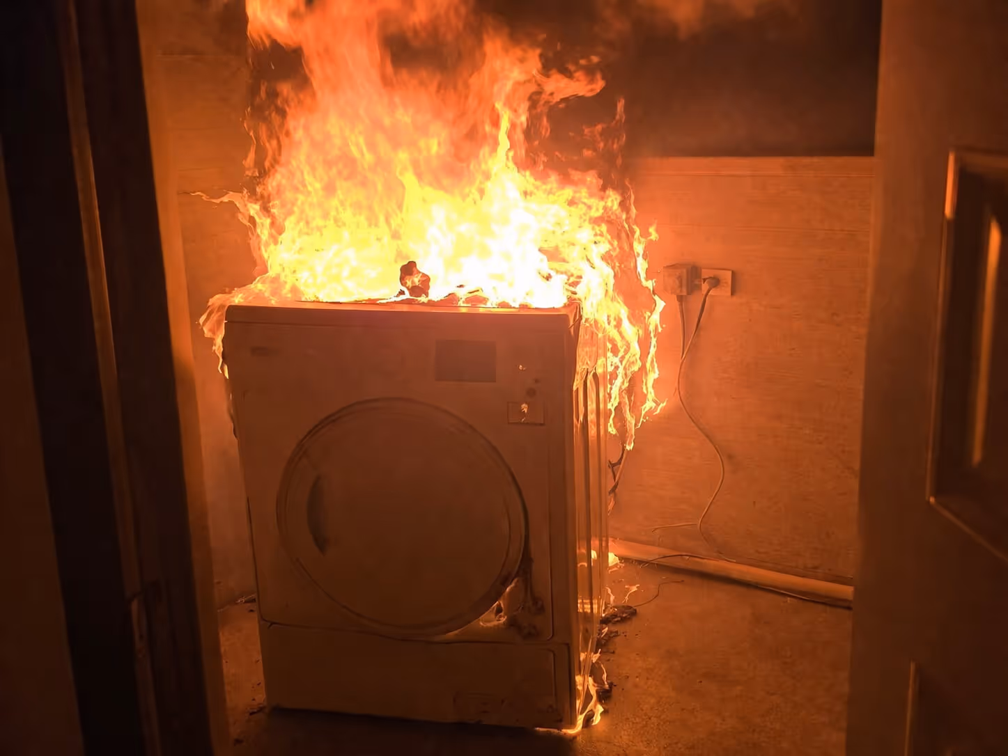 Clothes dryer engulfed in bright orange flames inside a dimly lit room.