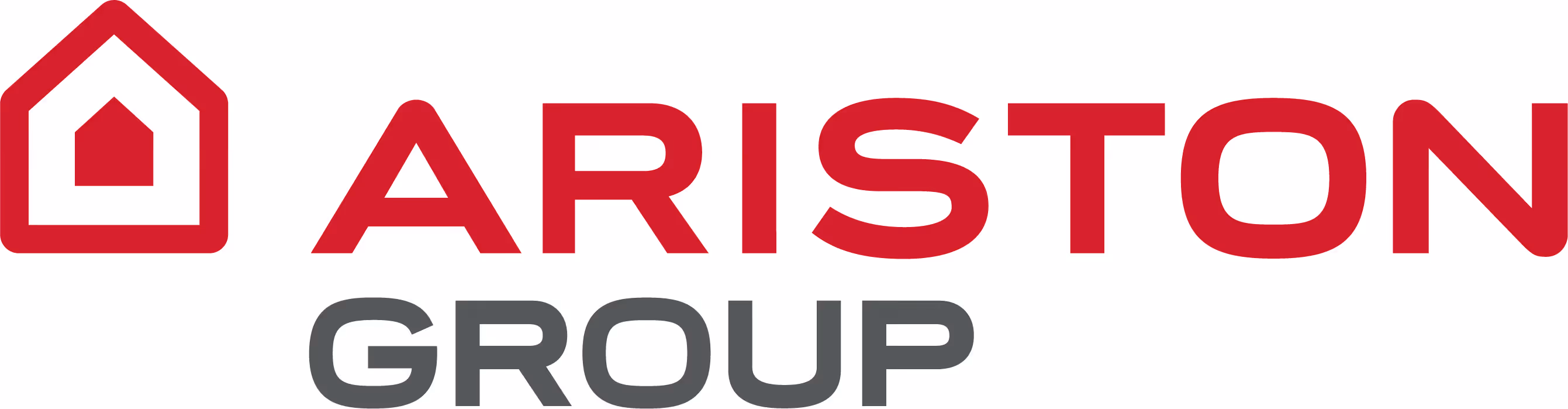 Logo du groupe Ariston avec une icône de maison rouge et le texte ARISTON en rouge et GROUP en gris.