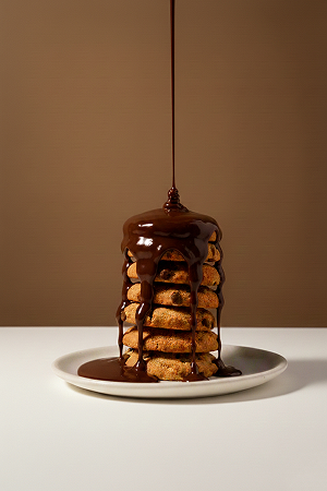 Chocolate cake on white plate and brown background