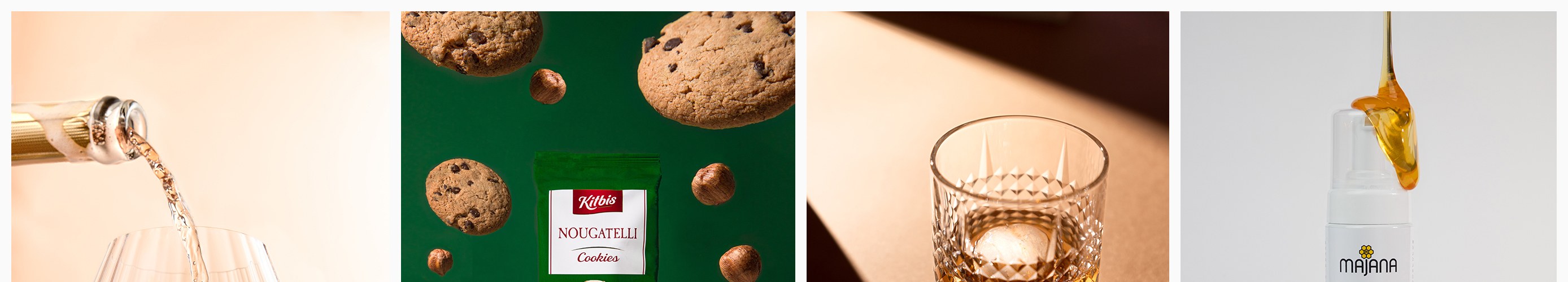 Collage of images with a bottle and glass of wine, Nougatelli cookies with a green background, whiskey and Majana propolis