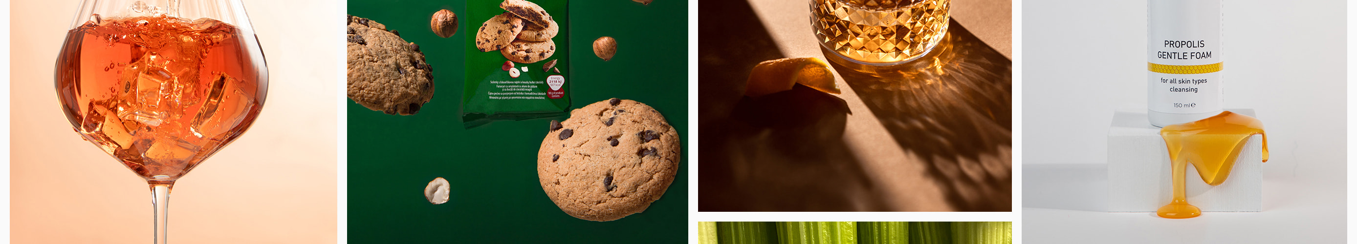 Collage of images with a bottle and glass of wine, Nougatelli cookies with a green background, whiskey and Mayan propolis