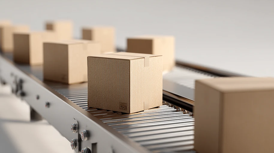 Cardboard boxes moving along an automated conveyor belt in a BASIC 3PL fulfillment center, showcasing high-volume order processing.