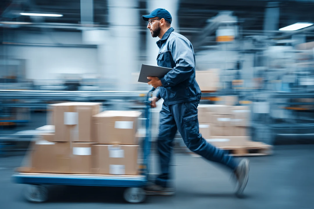 Warehouse employee moving inventory at high speed with motion blur effect, representing BASIC 3PL's rapid outbound shipping and national reach.