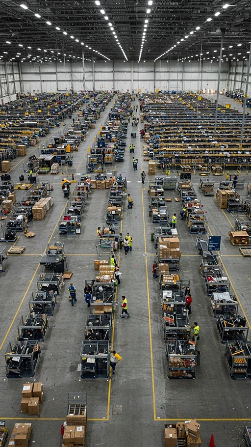 High-angle view of a massive BASIC 3PL fulfillment center with hundreds of organized workstations and high-volume package handling operations.