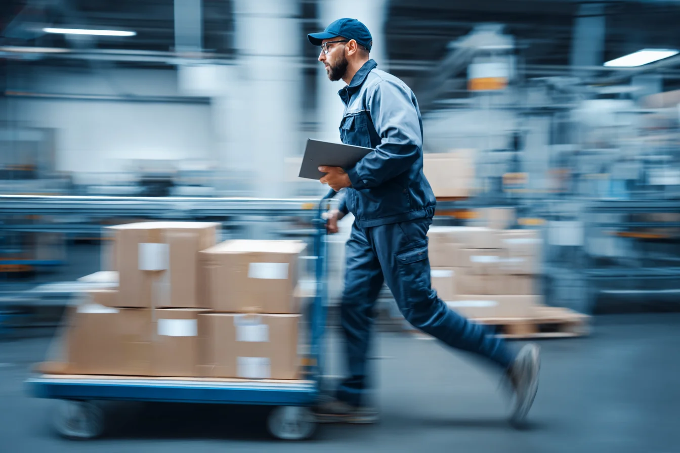 Warehouse employee moving inventory at high speed with motion blur effect, representing BASIC 3PL's rapid outbound shipping and national reach.