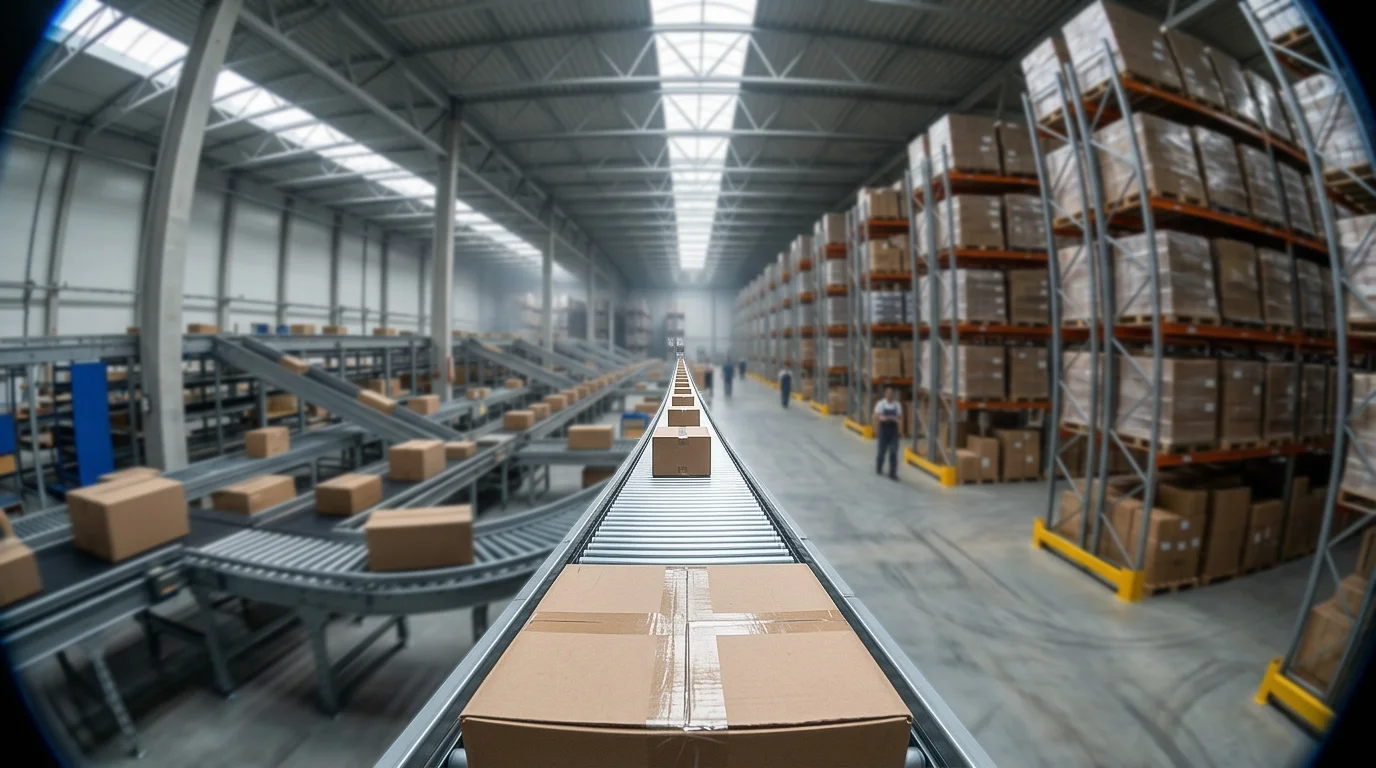 Panoramic view of a BASIC 3PL high-density warehouse featuring multi-line automated conveyor systems and extensive pallet racking for enterprise fulfillment.