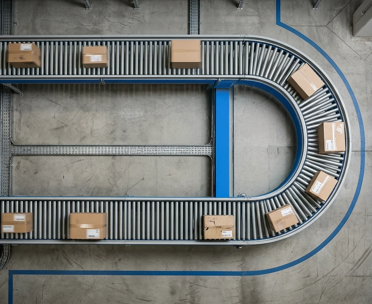 Top-down view of a BASIC 3PL robotic sorting arm and automated conveyor belt system processing e-commerce packages with high precision.