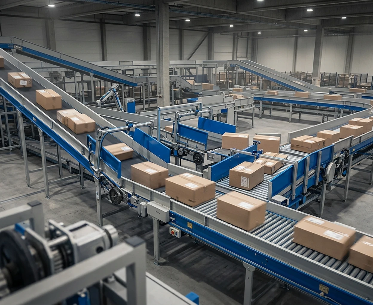 BASIC 3PL large-scale automated warehouse with integrated conveyor systems efficiently sorting packages for rapid nationwide fulfillment.