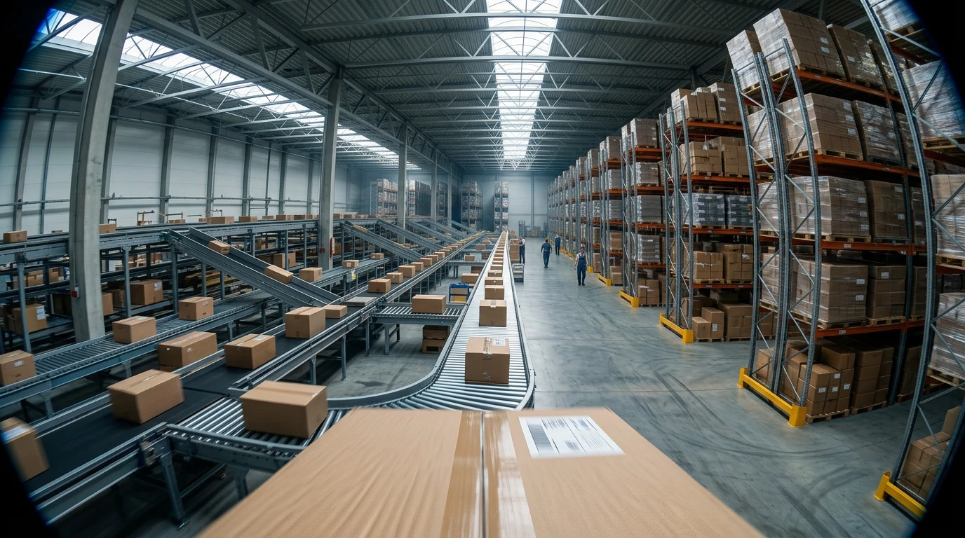 High-volume fulfillment center with conveyor belt network transporting packages across automated warehouse infrastructure