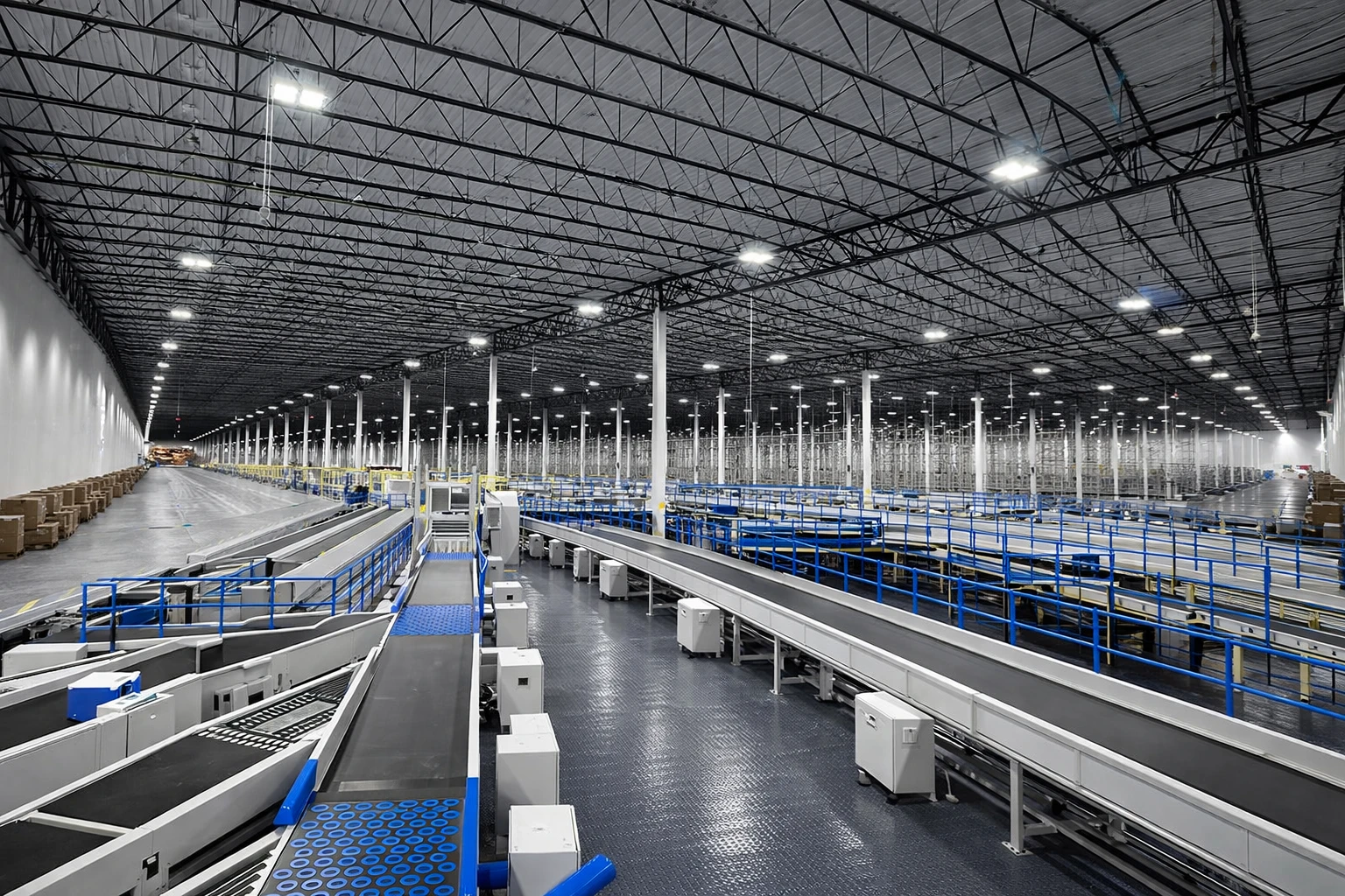 Large-scale automated warehouse with conveyor belt network handling high-volume package sorting operations