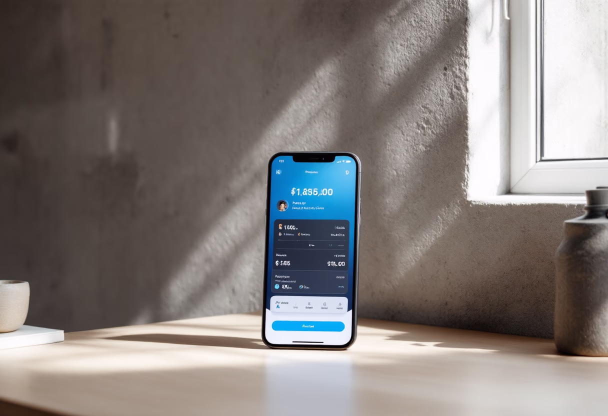 image of mobile device with a financial app interface (for a fintech company)