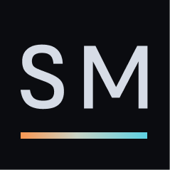 White letters S and M above a horizontal gradient line from orange to blue on black background.