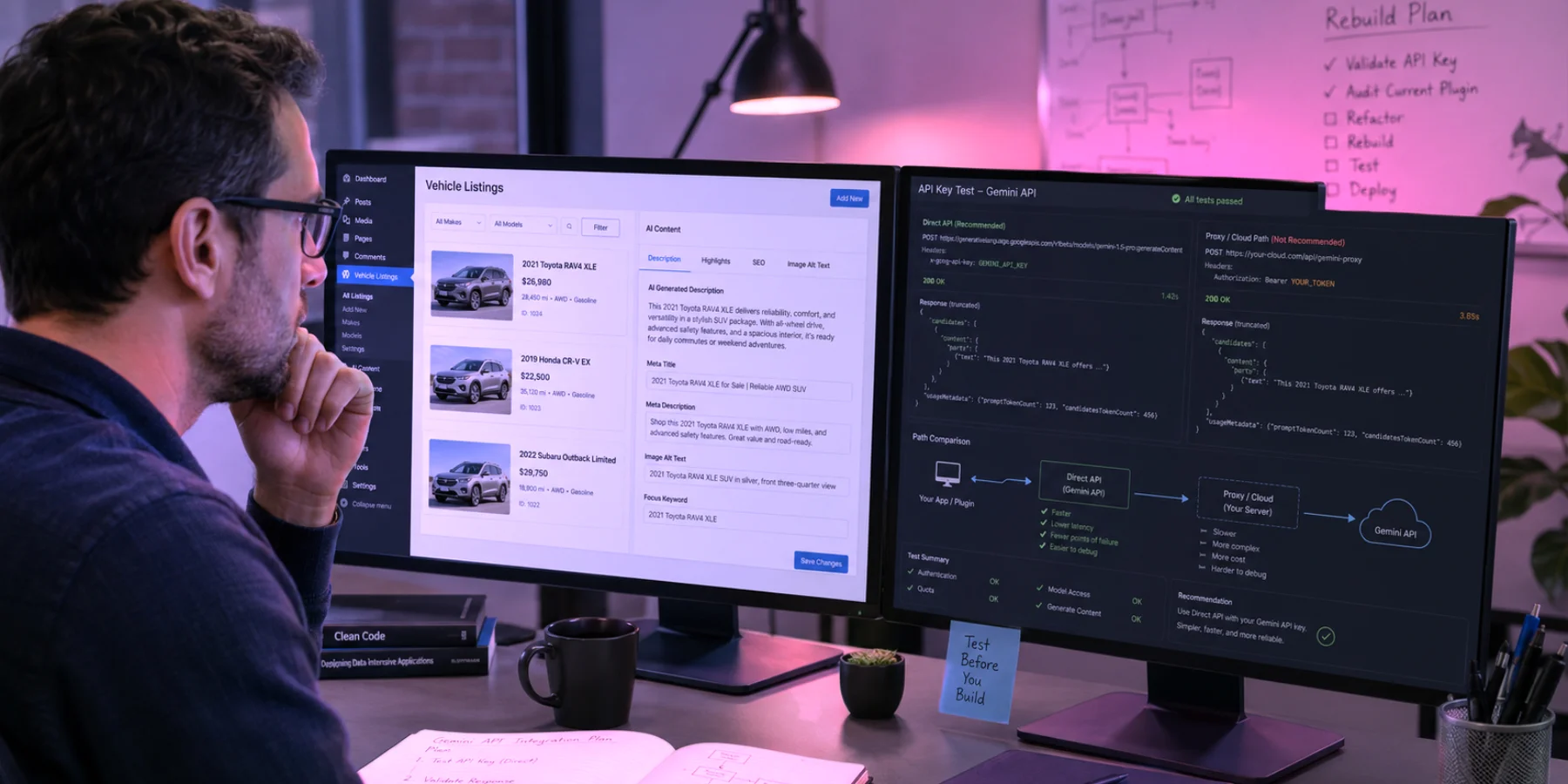Person analysiert an zwei Bildschirmen einen Gemini API Key Test für ein WordPress Plugin mit Fahrzeugdaten und technischer API Prüfung.