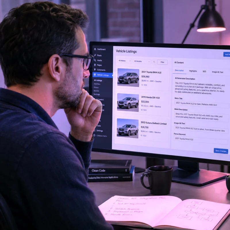 Person analysiert an zwei Bildschirmen einen Gemini API Key Test für ein WordPress Plugin mit Fahrzeugdaten und technischer API Prüfung.