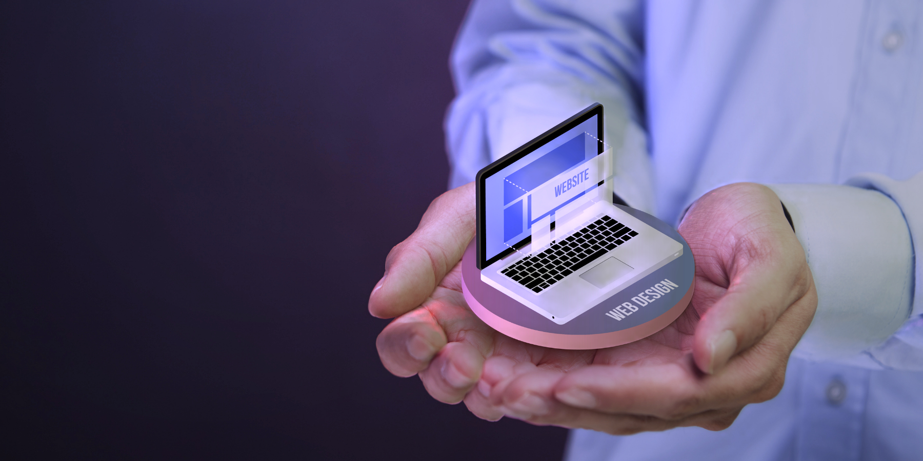3D-Darstellung eines Laptops mit Website-Layout in den Händen einer Person als Symbol für modernes Webdesign und professionelle Website-Entwicklung.