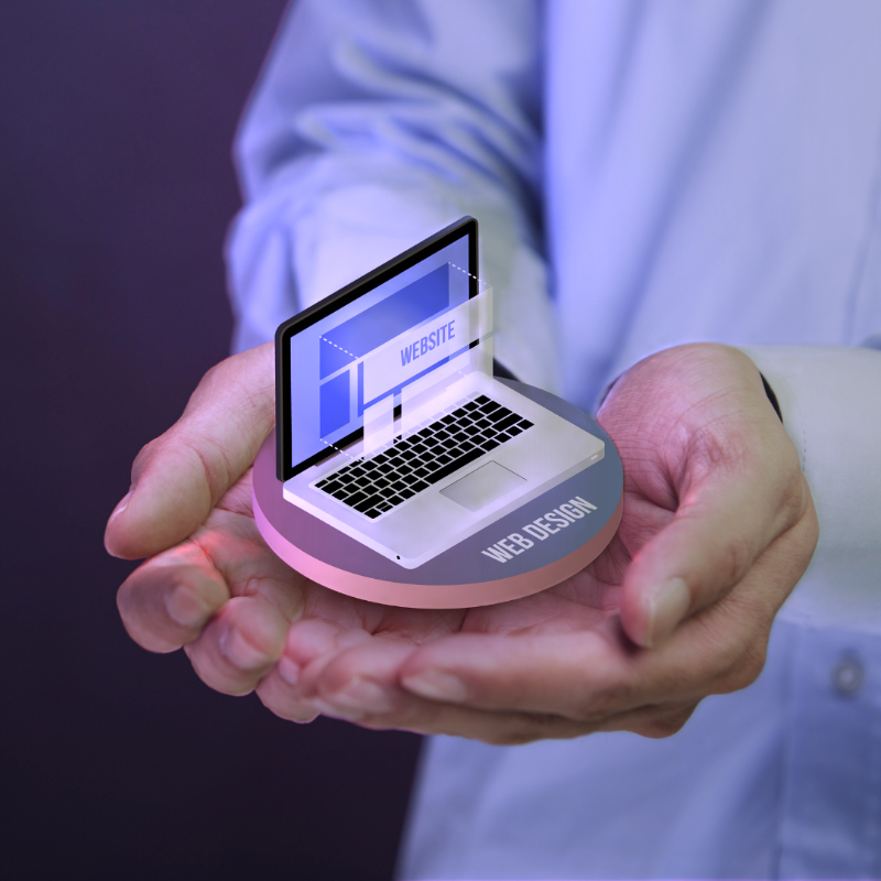 3D-Darstellung eines Laptops mit Website-Layout in den Händen einer Person als Symbol für modernes Webdesign und professionelle Website-Entwicklung.