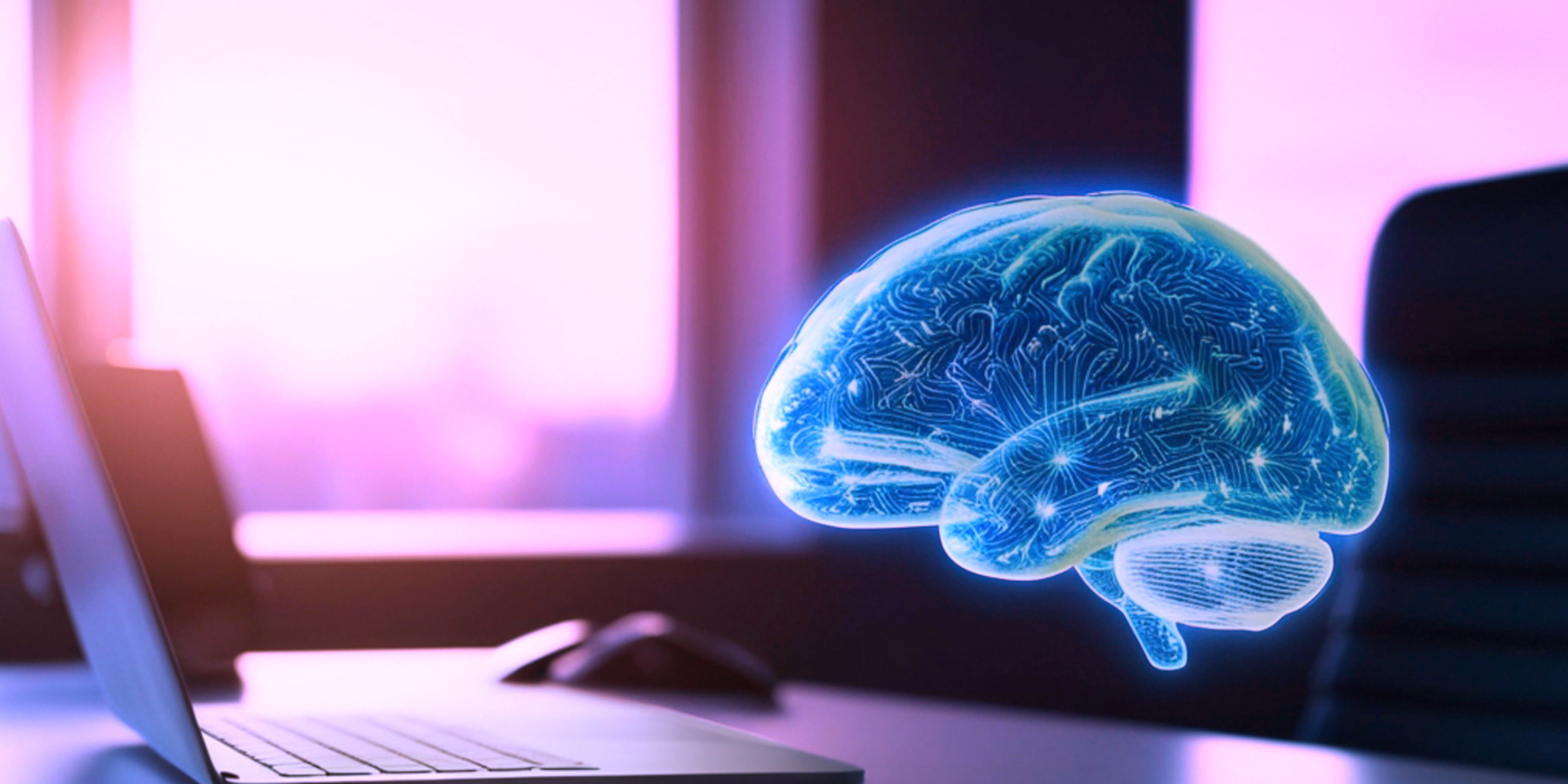 Schwebendes digitales Gehirn über einem Schreibtisch als Symbol für künstliche Intelligenz, KI-Suche und intelligente Datenverarbeitung im Unternehmensumfeld.