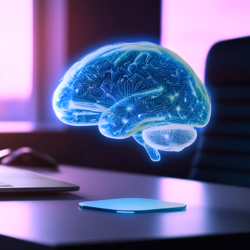 Schwebendes digitales Gehirn über einem Schreibtisch als Symbol für künstliche Intelligenz, KI-Suche und intelligente Datenverarbeitung im Unternehmensumfeld.