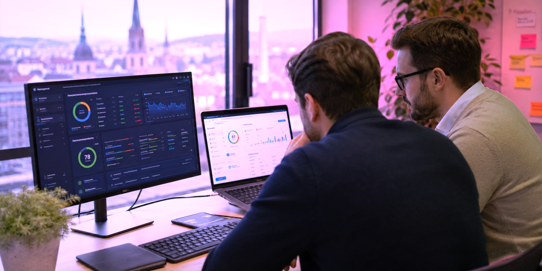 Zwei Mitarbeiter analysieren im Büro einen KI SEO Report mit Scores, Diagrammen und Daten zur digitalen Sichtbarkeit.