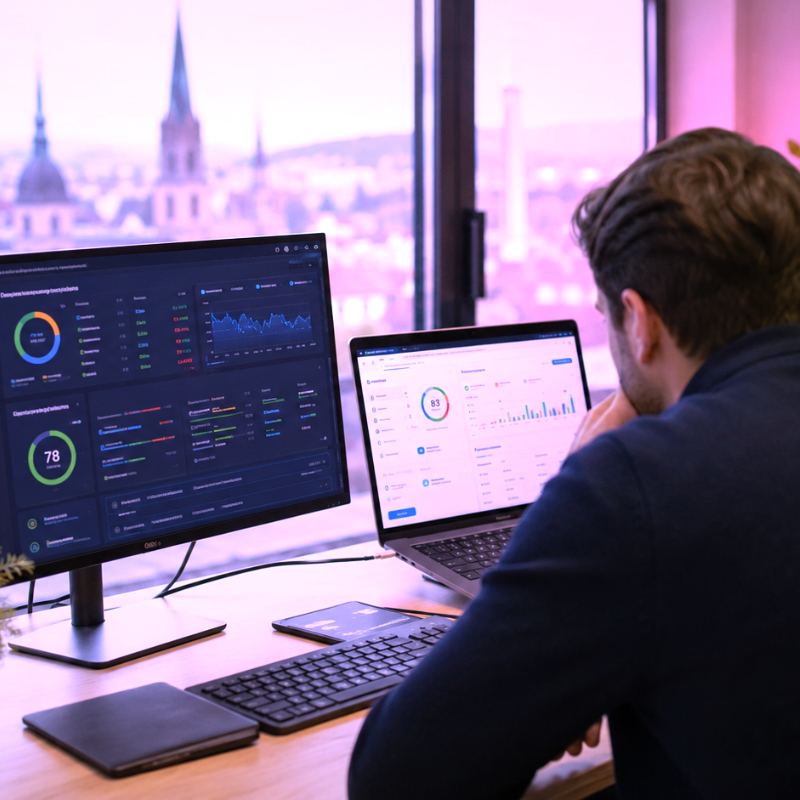 Zwei Mitarbeiter analysieren im Büro einen KI SEO Report mit Scores, Diagrammen und Daten zur digitalen Sichtbarkeit.