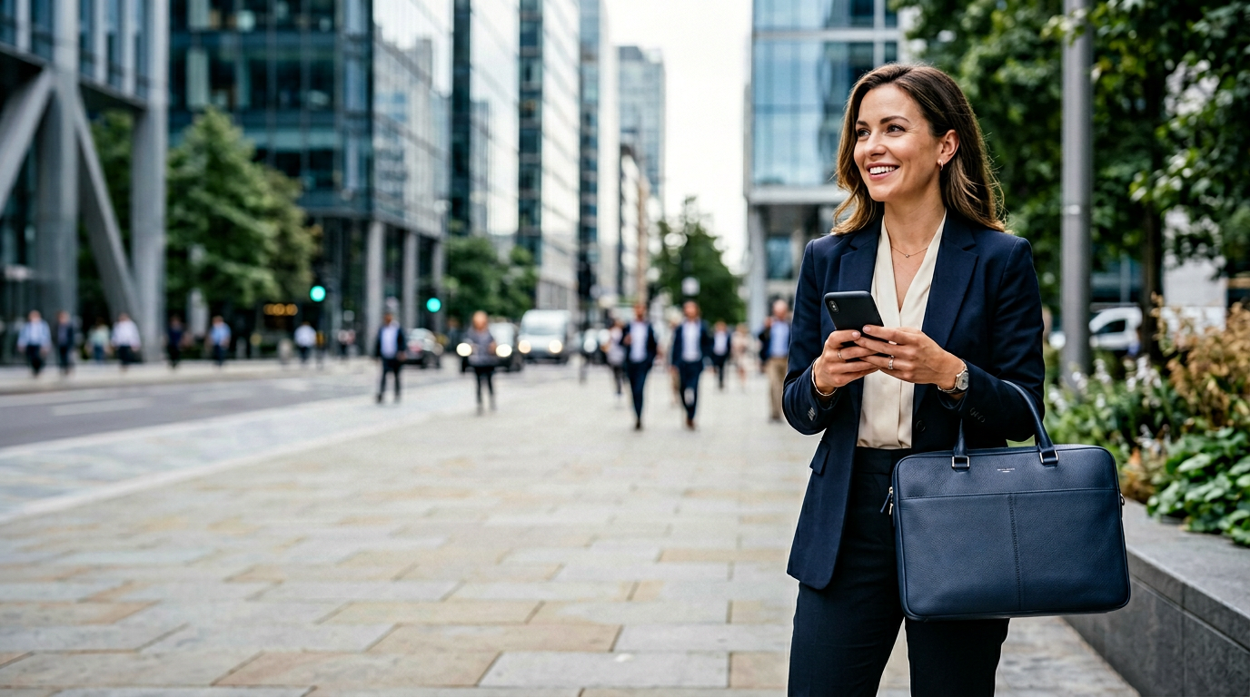 Smiling businesswoman in navy suit holding smartphone and dark blue briefcase on an urban office sidewalk.