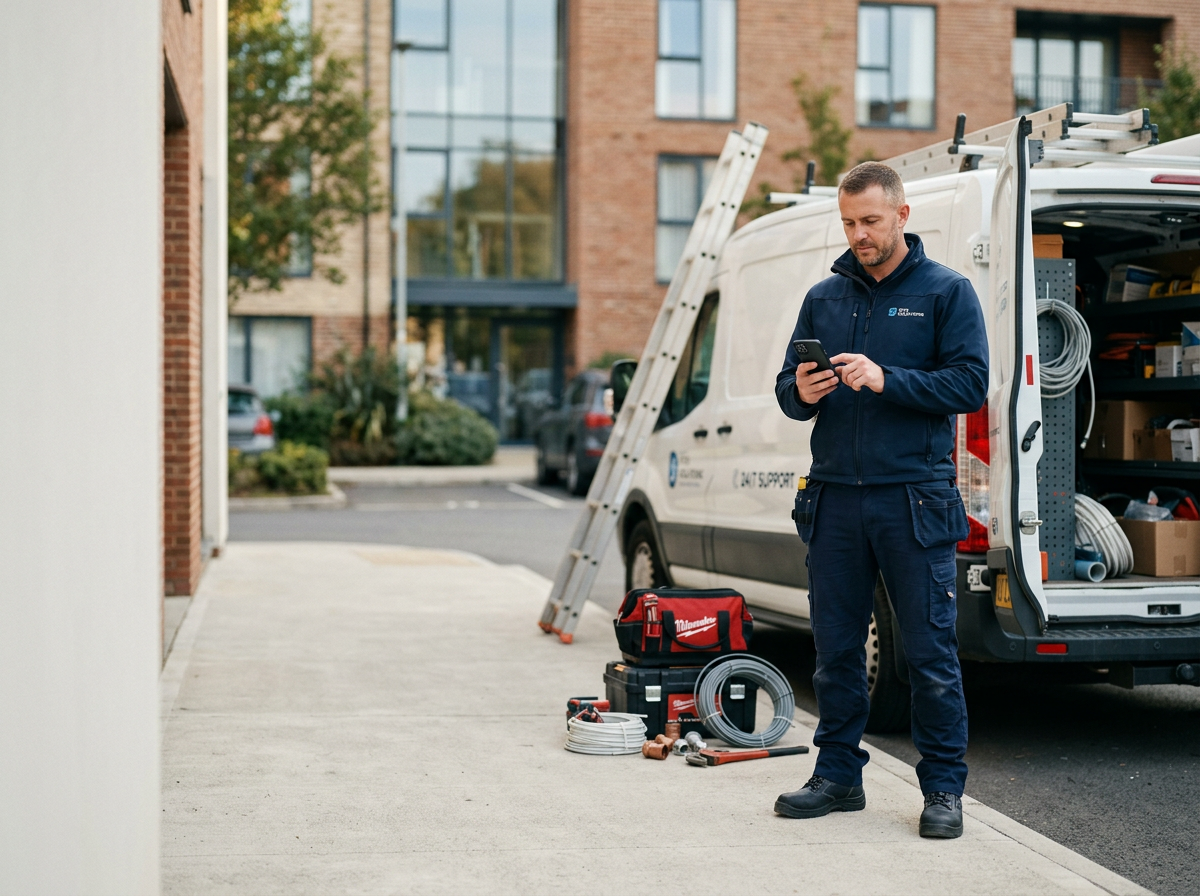 Electrician in navy uniform using a smartphone next to a white work van with tools and ladder outside a modern building.