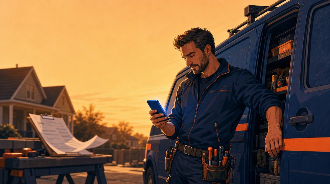 Tradesperson checking phone for a customer reply to an unanswered job quote