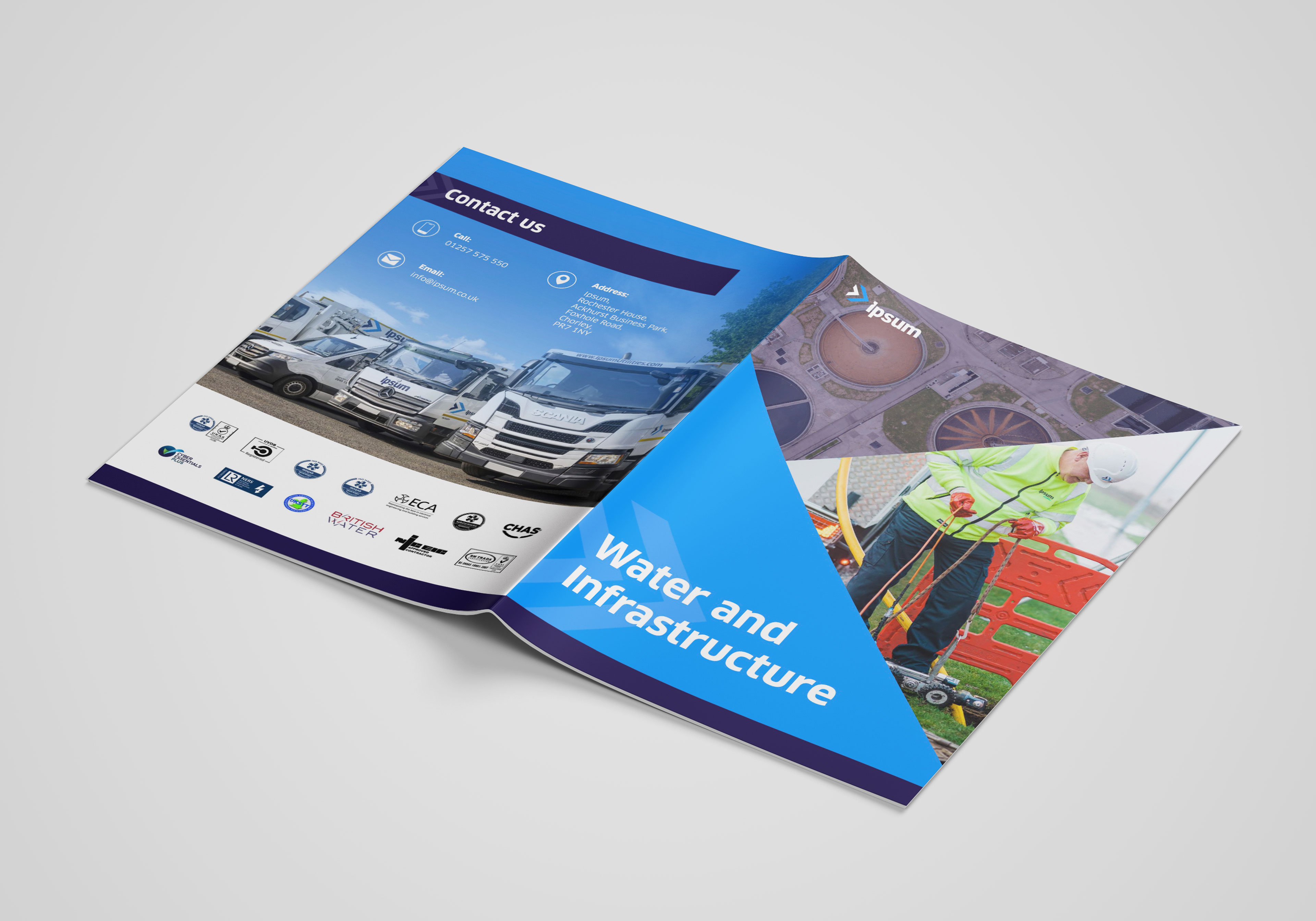 Open brochure titled 'Water and Infrastructure' showing a worker with safety gear and several company vans parked in a row.