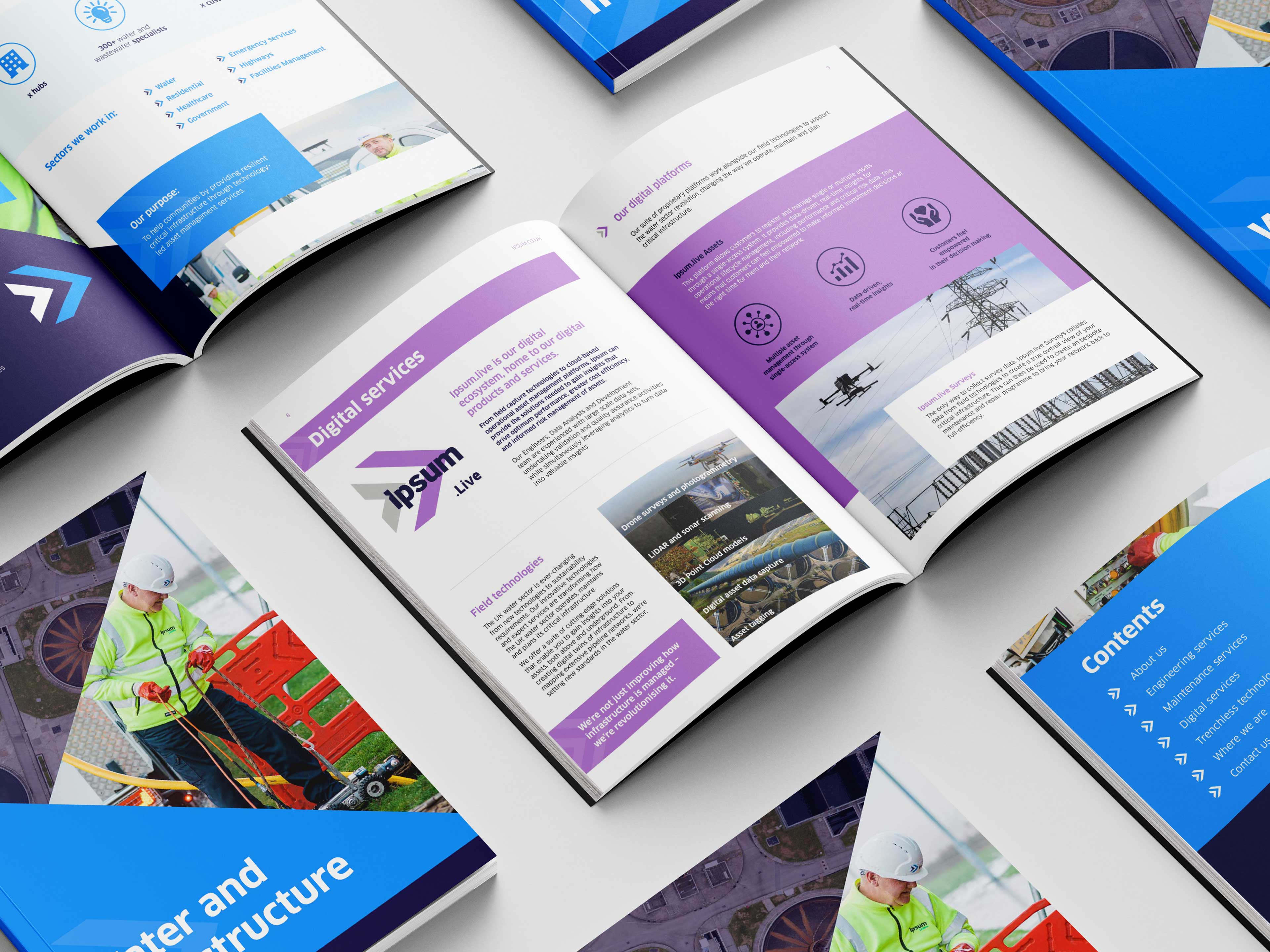 Open brochure spread highlighting digital services by Ipsum.Live with purple headers, icons for digital platforms, and images of a drone and utility infrastructure.
