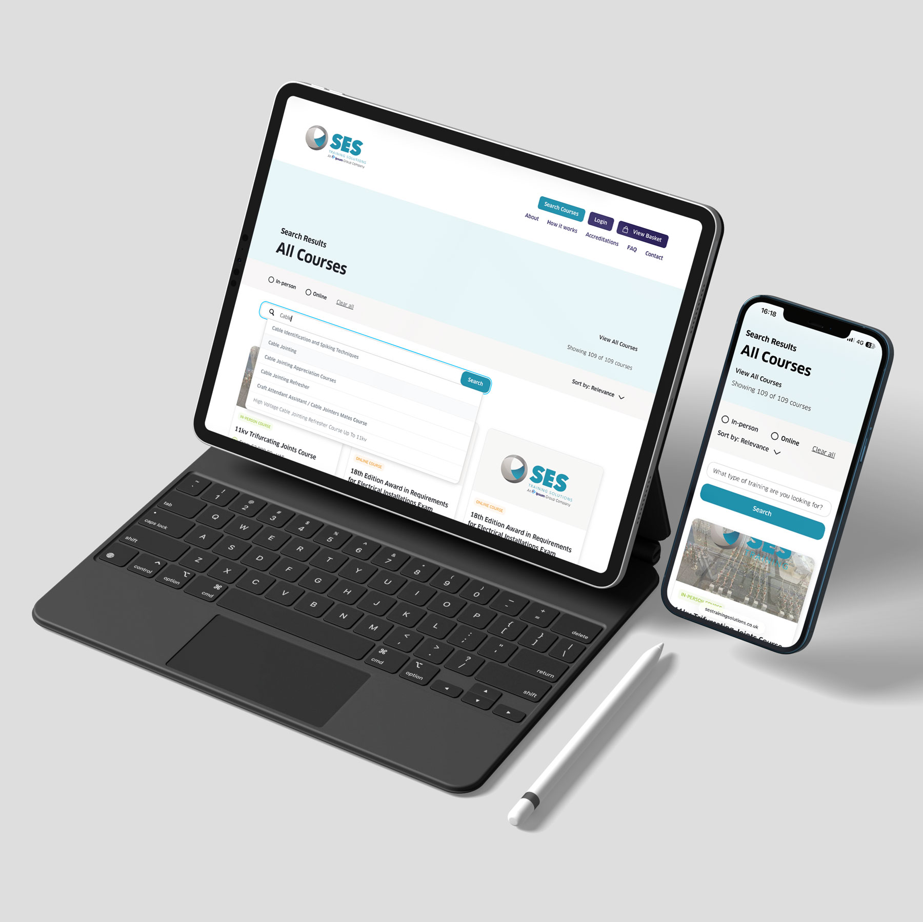 Tablet and smartphone displaying SES Training Solutions course search results with a search bar and course listings.