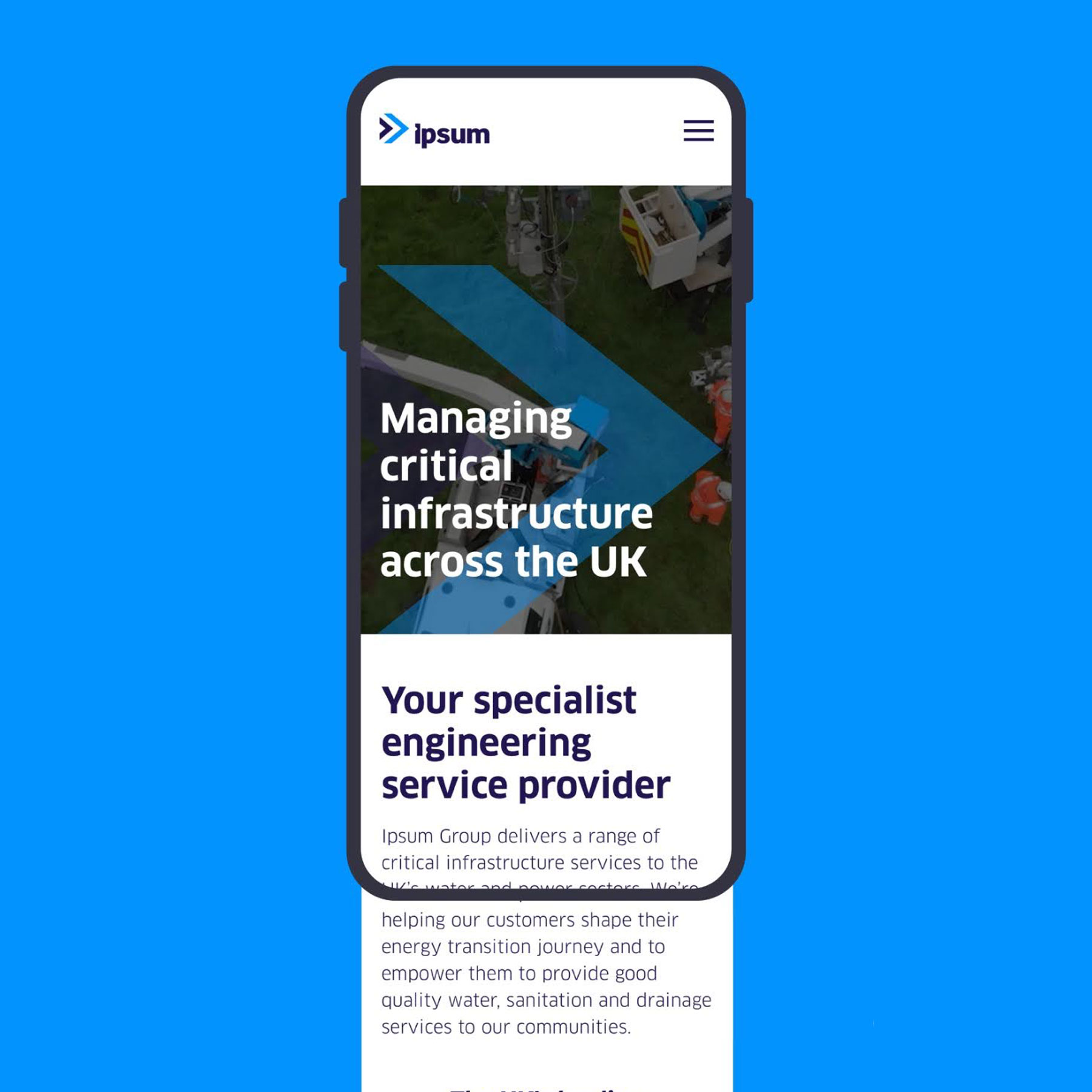 Mobile phone screen showing a website with text 'Managing critical infrastructure across the UK' and 'Your specialist engineering service provider' on a blue background with workers and equipment.