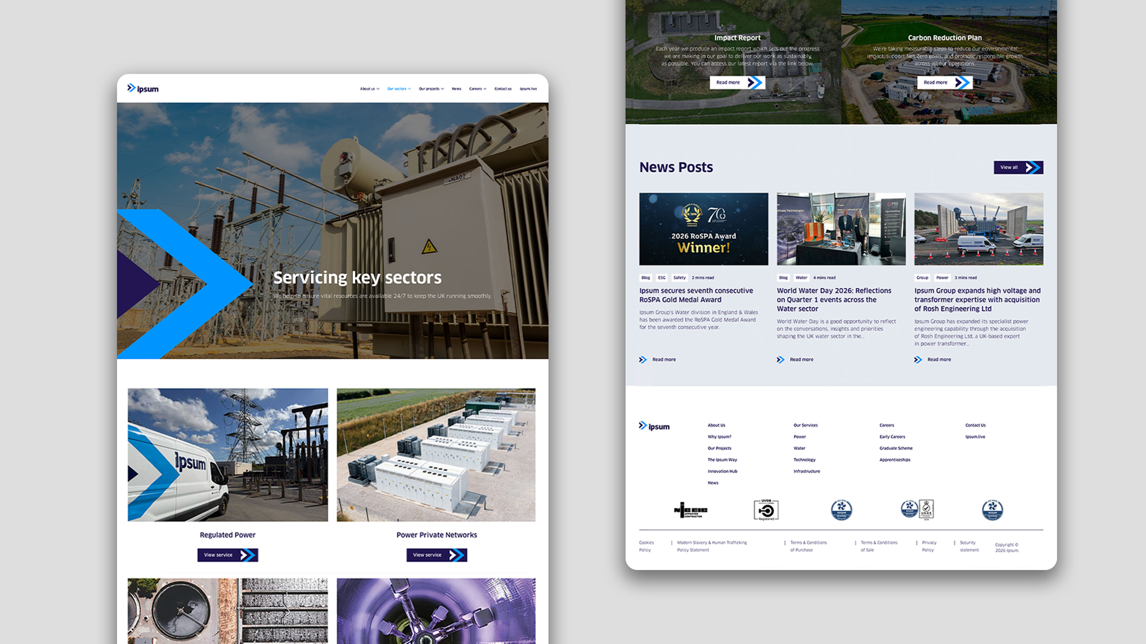Website homepage featuring power infrastructure images, news posts on awards and events, and company service sections for regulated power and private networks.