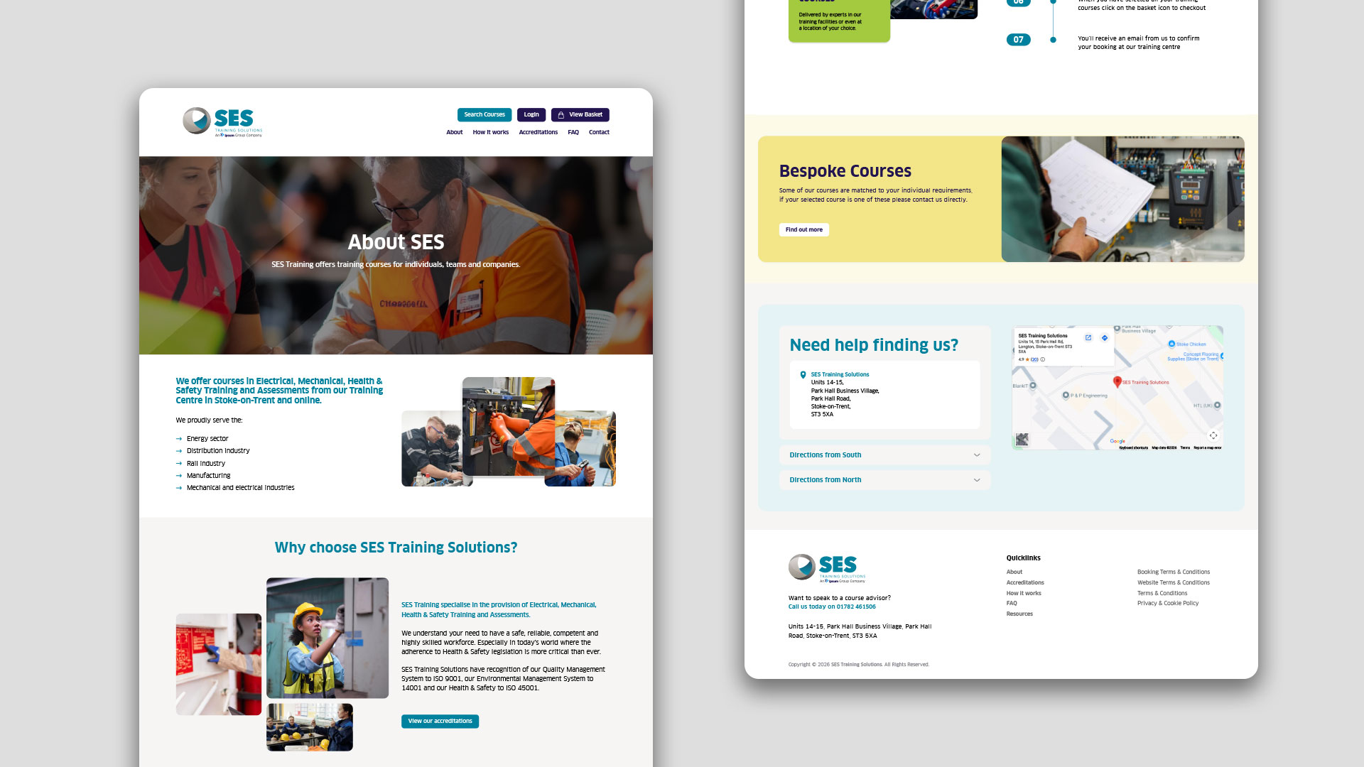 SES Training Solutions website homepage showing course offerings in electrical, mechanical, and health & safety training, company accreditation, and contact details with a location map.