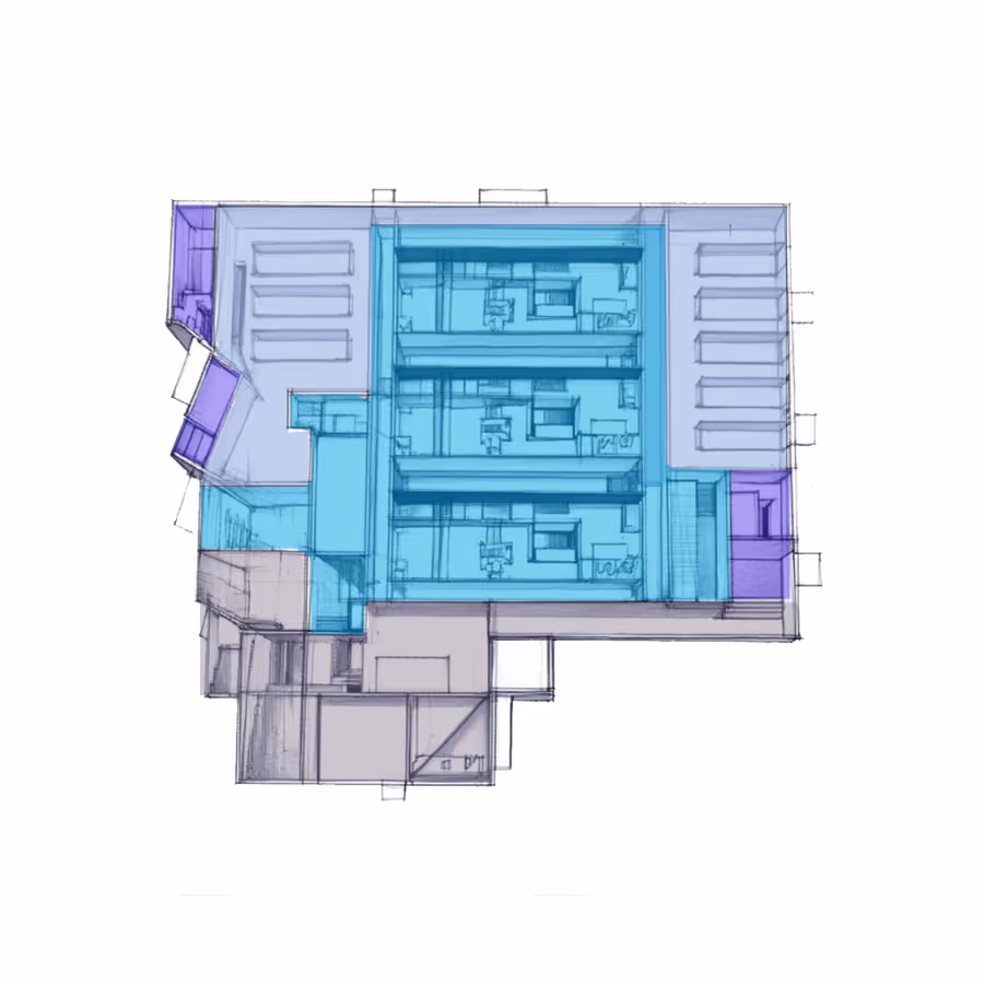 Top-down 3D architectural floor plan with blue and purple shaded areas highlighting different sections of the building.
