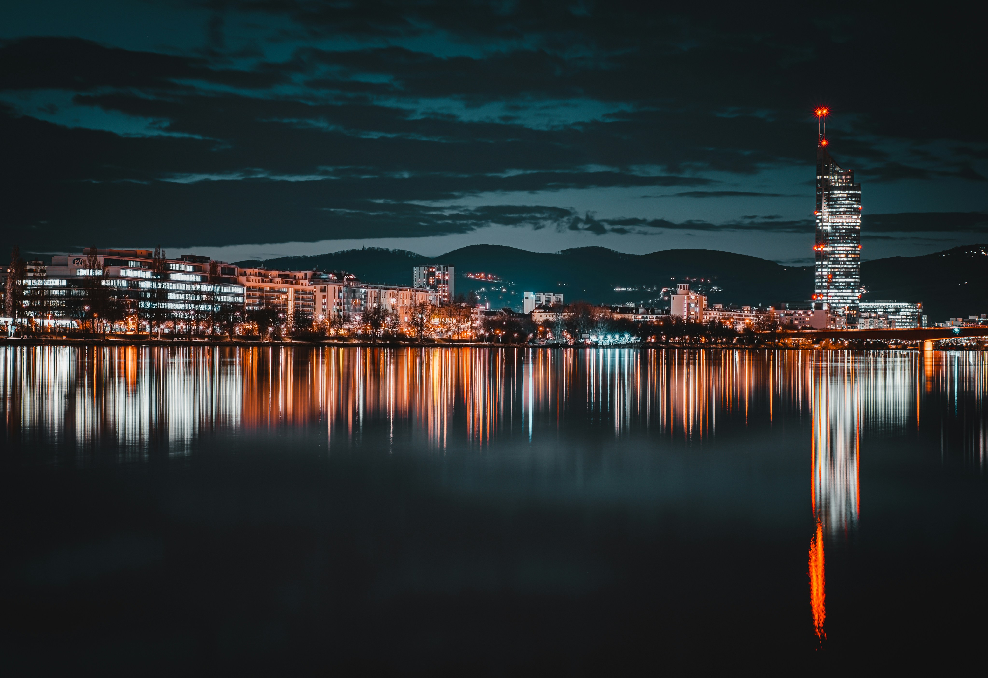 Vienna skyline across the Danube at night, Austria