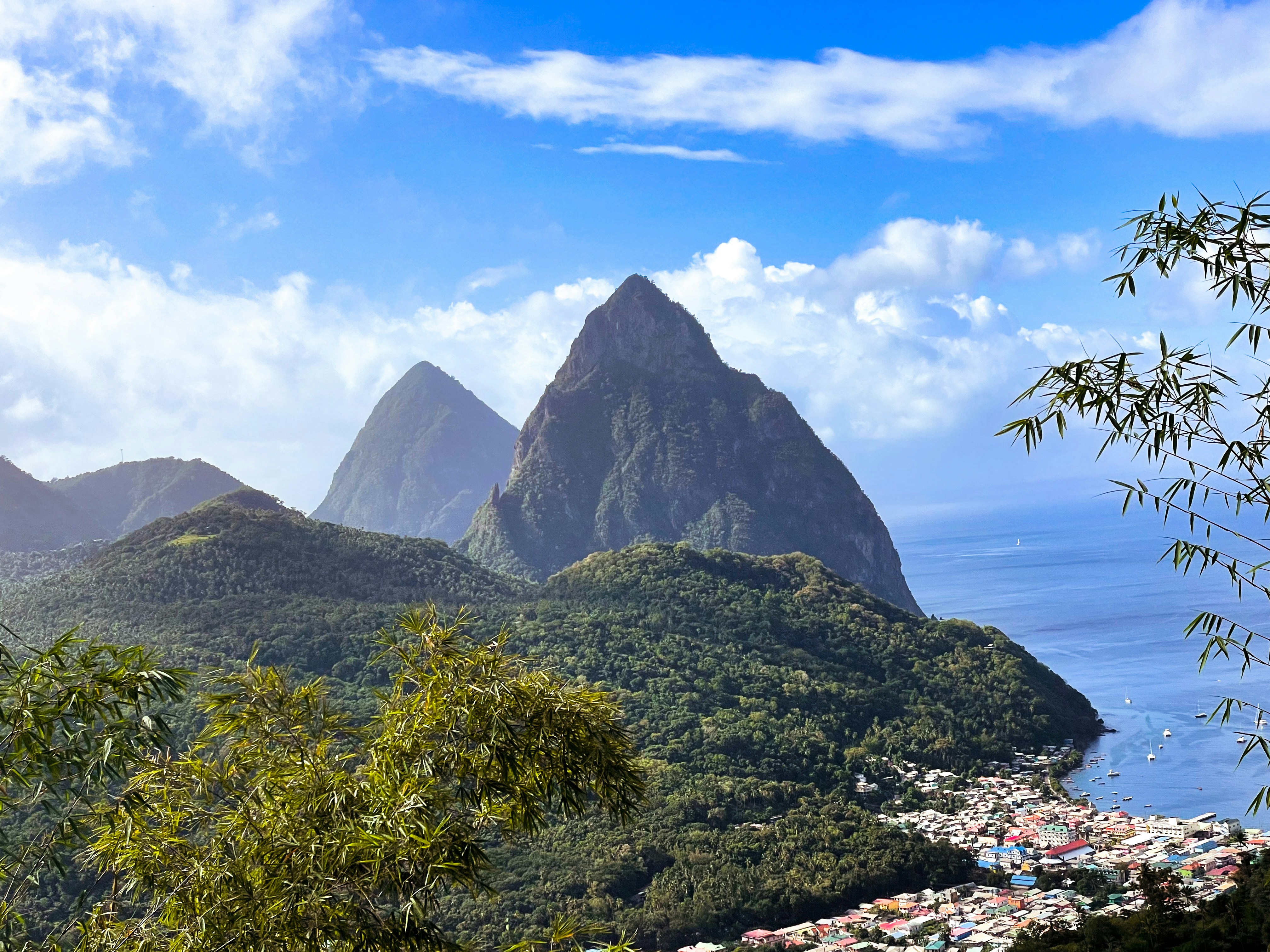 The Pitons rising over the coast, Saint Lucia