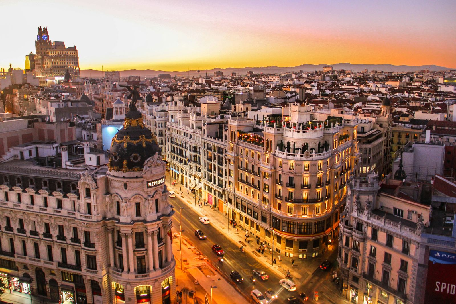Gran Vía at sunset, Madrid, Spain