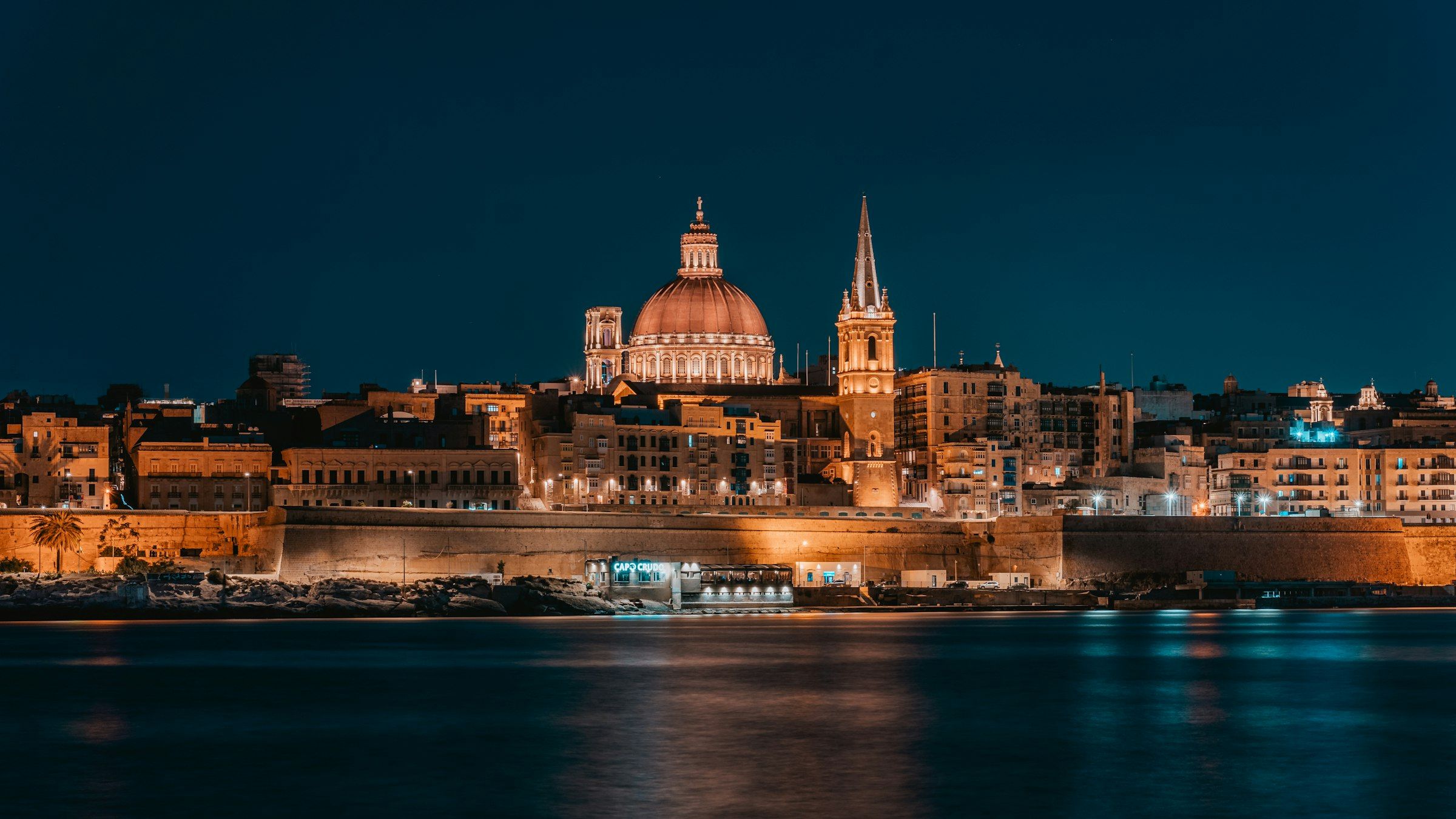 Valletta and the cathedral dome at night, Malta