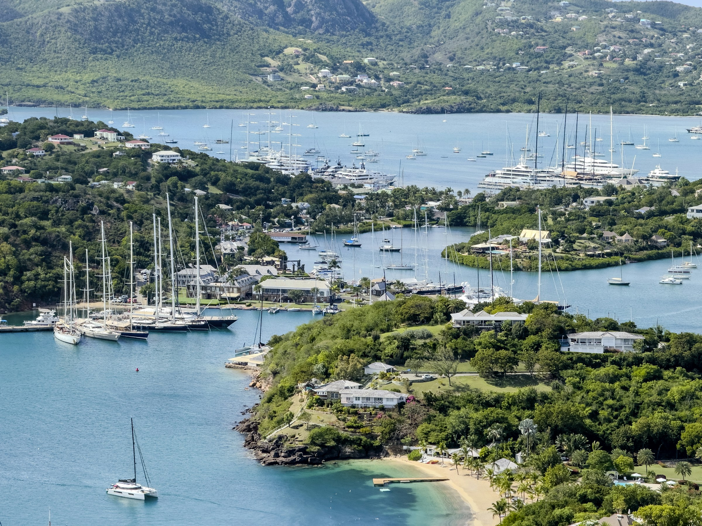 Yachts anchored at English Harbour in daylight, Antigua and Barbuda