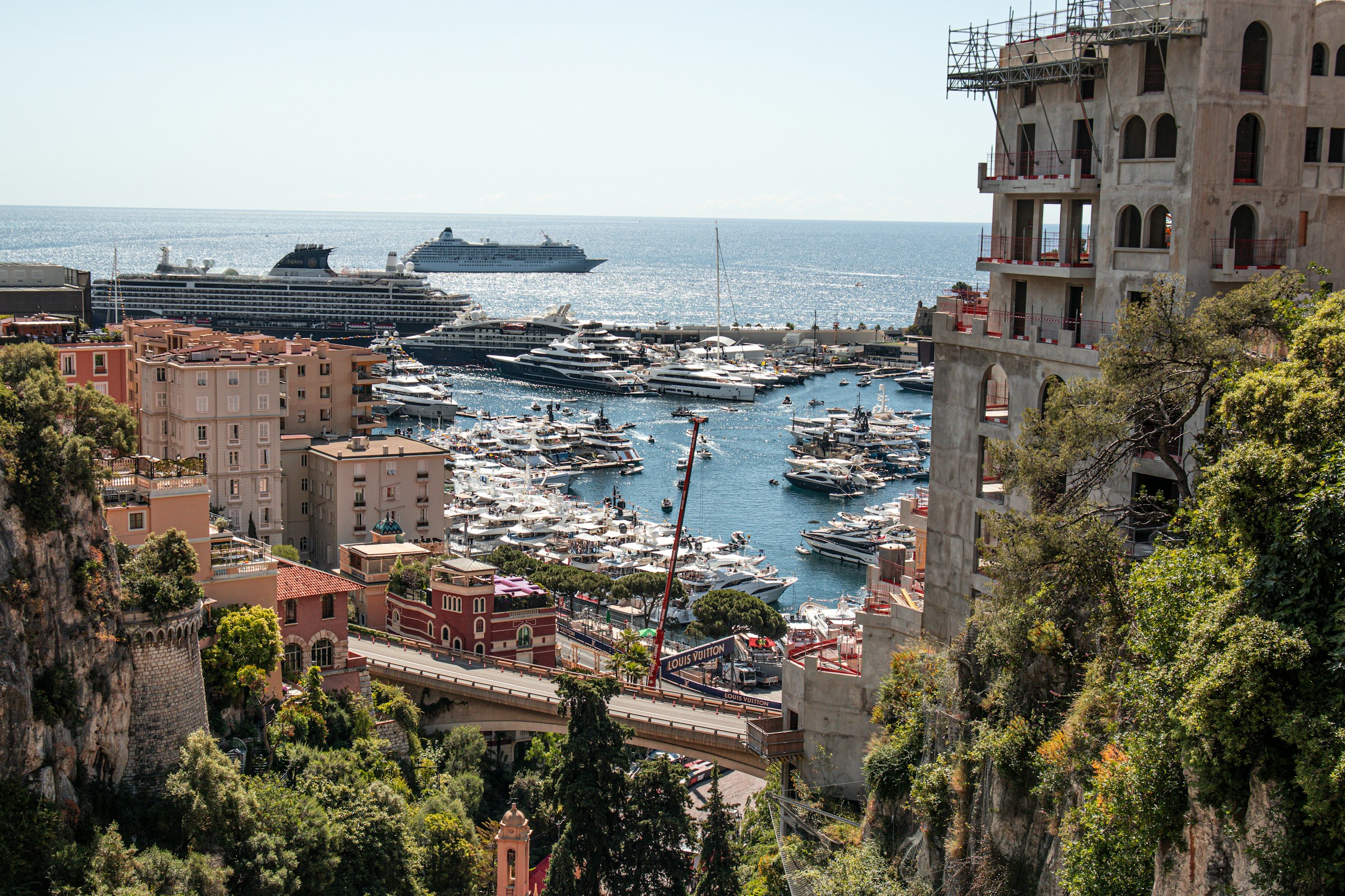 Port Hercule and its super-yacht berths in daylight, Monaco