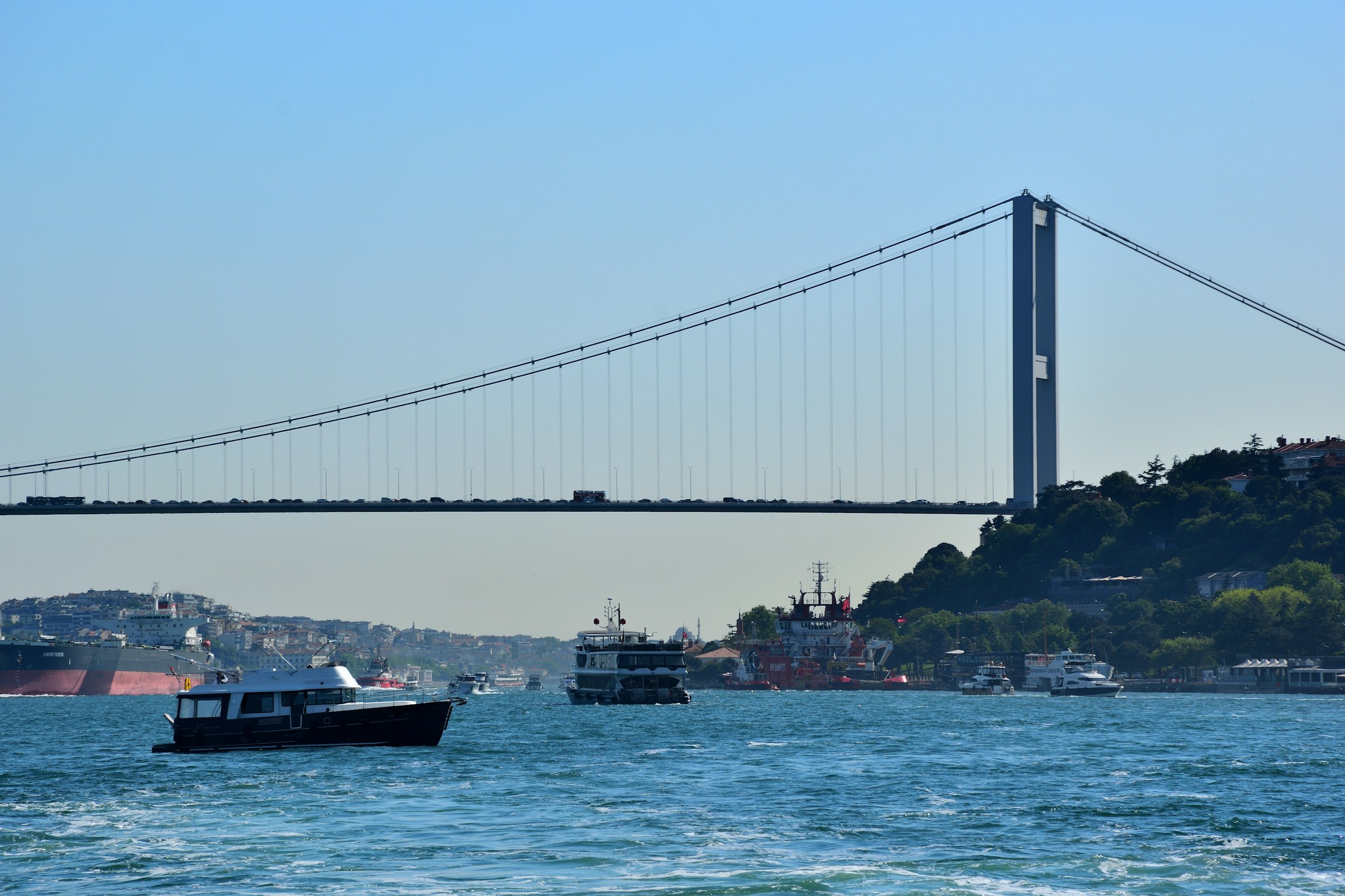The Bosphorus Bridge spanning the strait in daylight, Istanbul, Turkey