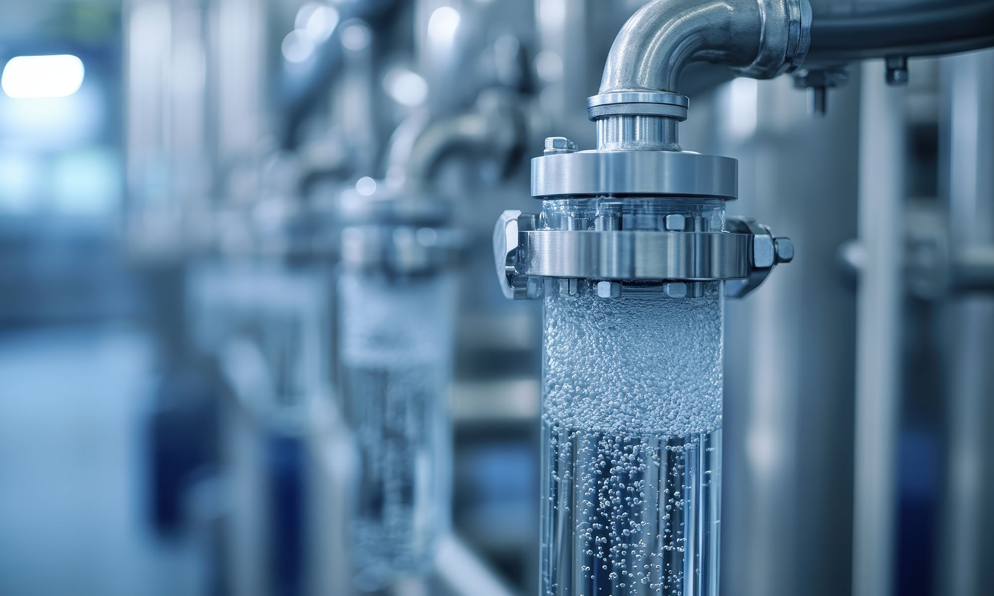 Close-up of industrial pipes with clear section showing bubbles in flowing liquid inside a water treatment facility.