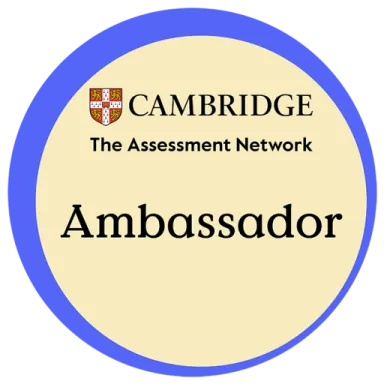 Cambridge The Assessment Network Ambassador badge with a blue circular border and beige center.
