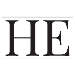 Stylized black letters HE with horizontal lines above and below on white background.