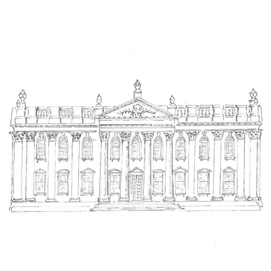 Black and white sketch of a classical building facade with columns, multiple windows, and decorative rooftop elements.