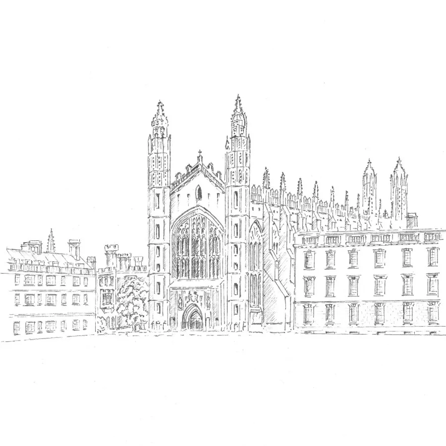Detailed pencil sketch of a gothic cathedral with tall spires and adjacent classical buildings.