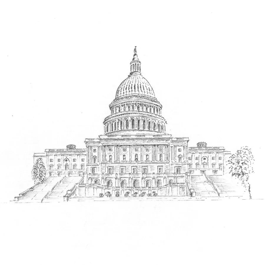 Detailed pencil sketch of the United States Capitol building with its large dome and surrounding architecture.