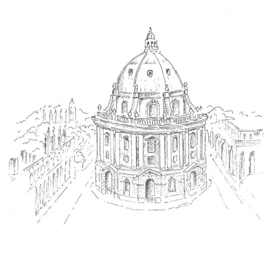 Pencil sketch of a classical domed building with surrounding streets and buildings.
