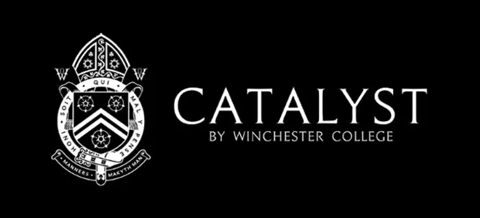 Logo of Catalyst by Winchester College with a shield emblem featuring Latin text and decorative elements on a black background.