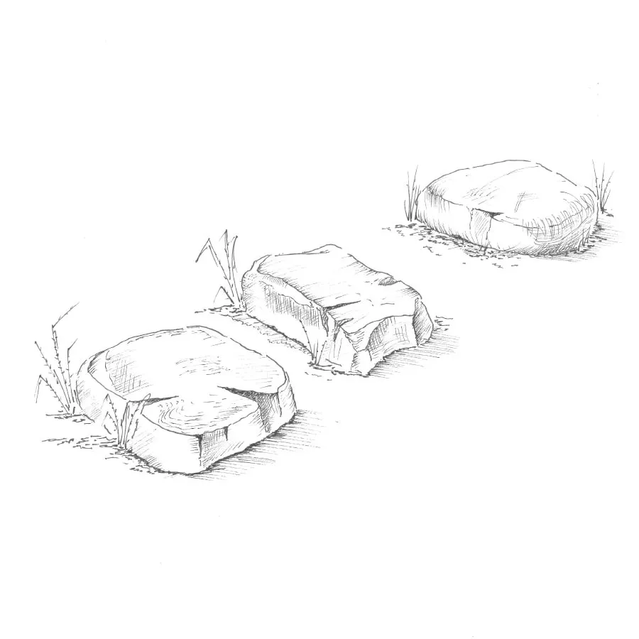 Black and white sketch of three irregularly shaped stepping stones on the ground with small grass tufts around them.